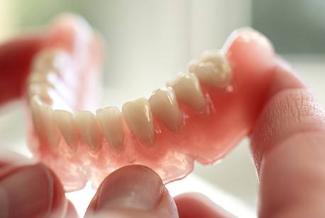 Hand holding a full denture