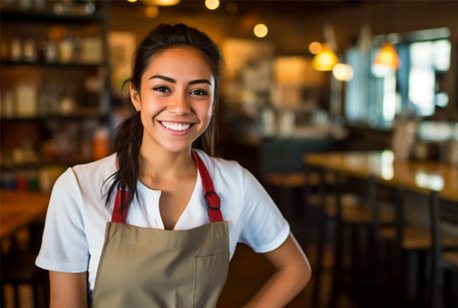 Smiling woman wearing apron in restaurant