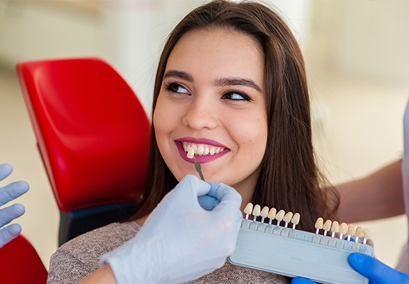 Woman's smile compared with porcelain veneer shade chart